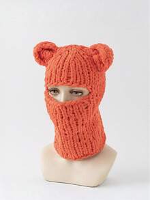 Autumn/Winter Funny Bear Ear Balaclava Hat For Women, Chunky Knit Hollow Out One-Piece Knitted Hat, Face And Neck Protection, Personalized Outfit, Photo-Ready Woolen Head Cover - Multicolor - View 3