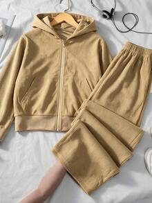 Lurzo Girls' Autumn/Winter Ribbed Corduroy Hooded Zip-Up Jacket + Casual Pants Set, Pocket Design, Soft Fabric, Outdoor/Back To School/Weekend/Sports - Apricot - View 2