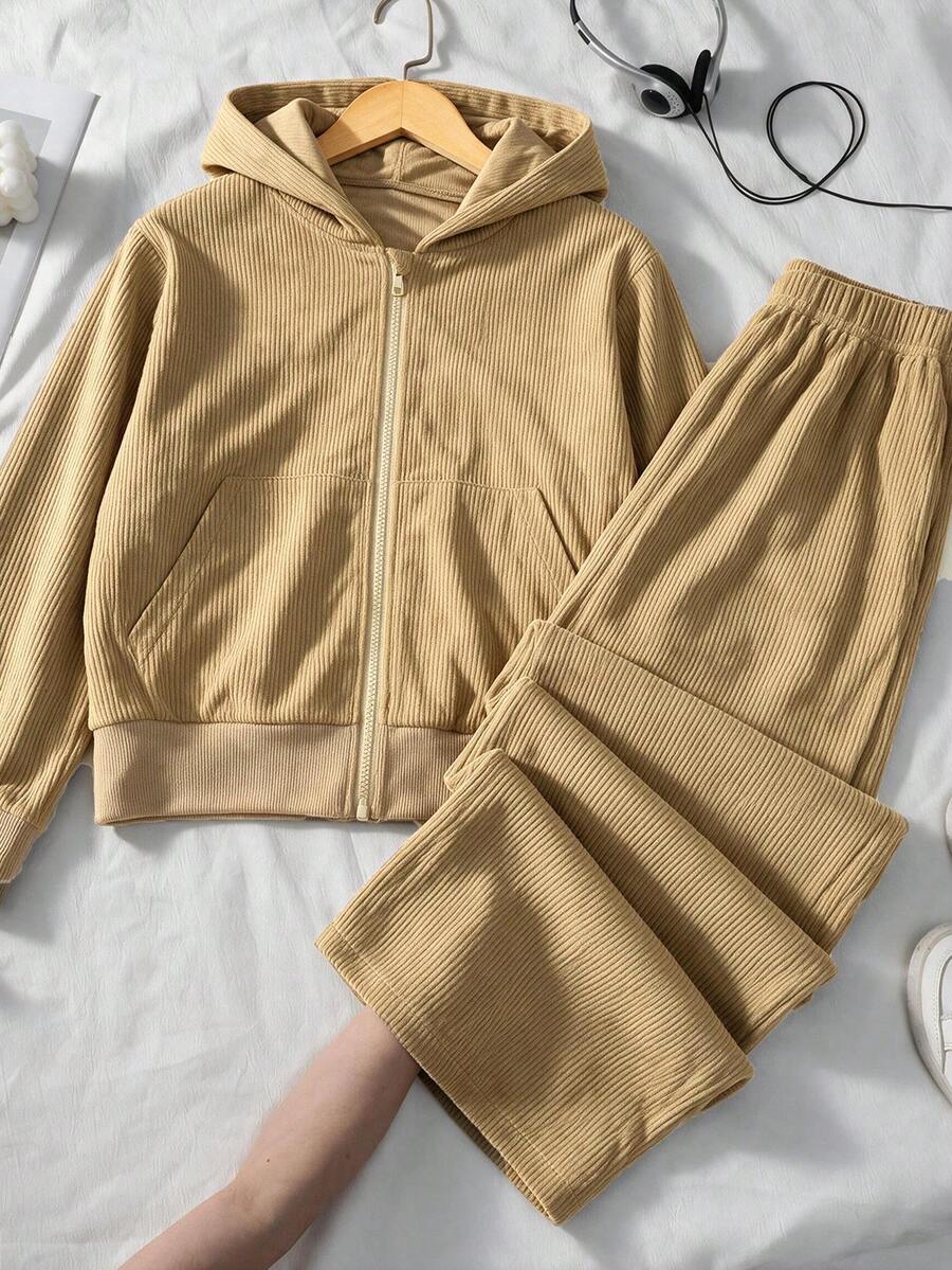 Lurzo Girls' Autumn/Winter Ribbed Corduroy Hooded Zip-Up Jacket + Casual Pants Set, Pocket Design, Soft Fabric, Outdoor/Back To School/Weekend/Sports