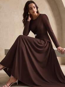 Aliao Autumn/Winter Rhinestone Button Asymmetric Draped Hem V-Neck Long Sleeve Midi Dress Wedding Guest Outfit - Brown - View 2