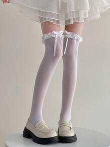 1 Pair Bowknot Lace Over-The-Knee Socks, Suitable For Matching With Skirts - Multicolor - View 18