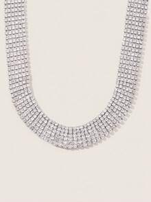 Valisandre 1pc Women's Silver-Tone Triple-Row Sparkling Cubic Zirconia Rhinestone Necklace, Suitable For Vacation, Formal Parties - Silver - View 2