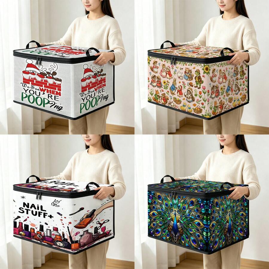 Multi-Size Options, Fun Cartoon Print Foldable Storage Box With Zipper Handle, Upgraded Fabric Large Capacity Storage Organizer, Suitable For Wardrobe, Dorm, Underbed Storage, Clothes, Bedding, Toys, Miscellaneous Items, Home Moving Organization