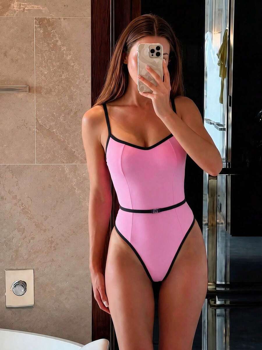 HOTTIE HABIT 女款粉色對比飾邊細肩帶連身泳衣,腰帶式心形領高衩泳裝,適合聖誕節、萬聖節、海灘、泳池度假 - 粉色 - 查看 1