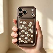1pc Ins Stair Frame + Card Holder Floral Pattern Phone Case, Compatible With 17 16 15 14 13 12 11 Pro Max, Transparent Phone Protective Cover Waterproof Shockproof Scratch-Resistant - Brown - View 1
