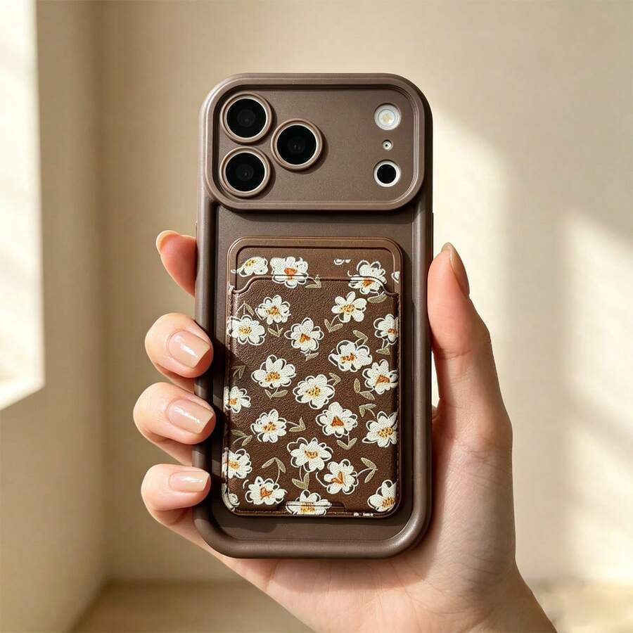 1pc Ins Stair Frame + Card Holder Floral Pattern Phone Case, Compatible With 17 16 15 14 13 12 11 Pro Max, Transparent Phone Protective Cover Waterproof Shockproof Scratch-Resistant - Brown - View 1