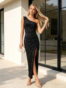 Joyfunear Women's Asymmetric Neckline Backless Slit Sequin Fitted Evening Gown, Black, Suitable For Wedding Party, Autumn - Black - View 5
