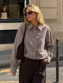 Gingham Print Collared Long Sleeve Button Front Crop Shirt With Chest Pocket - Brown - View 3