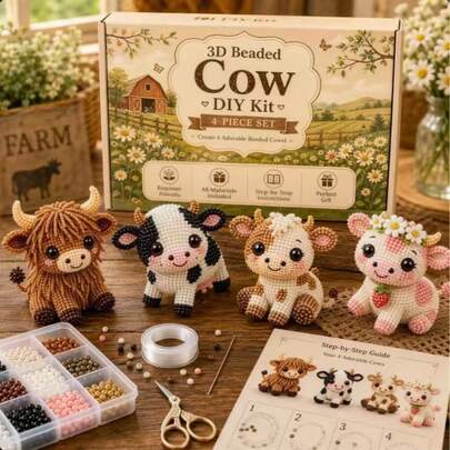 1 Set 3D Cute Cow DIY Animal Beaded Handmade Material Kit, Includes Colorful Beads And Instructions, Suitable For Adults, Teenagers And Beginners, Creative Handmade Embroidery Weaving Set, Handmade Beaded Art Mosaic Set, Stress Relief Decoration, Best Gift, Beaded Craft Material Kit, Suitable For Home Decor, Room Decor, Desktop Decor, Handmade Projects, Creative Handmade Gifts And Seasonal Displays