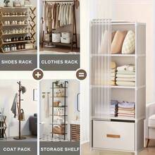 Dustproof 6-Tier Double Row Fabric Storage Wardrobe With Drawer And Curtain, 155cm Height Open Closet Organizer For Bedroom Dorm Living Space Easy Assembly Portable Clothes Rack Cabinet - Multicolor - View 10