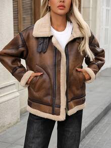 Women's Winter Faux Shearling Collar Warm Lambswool Flight Jacket - Dark Brown - View 8