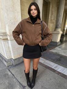 Jaket Suede Longgar Lengan Panjang Kerah Rivet Warna Polos Musim Gugur/Dingin, Gaya Jalanan, Pakaian Luar Kantor Kasual untuk Perjalanan Musim Gugur - Coklat - View 4