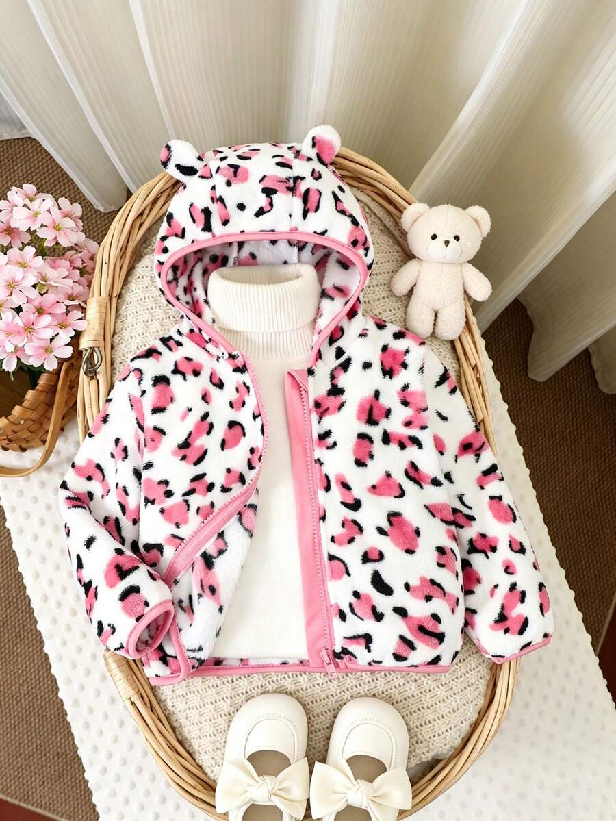 Baby Girl Autumn/Winter Hooded Fleece Jacket, Soft Flannel Fabric, Fashionable Leopard Print, Suitable For Baby's Daily Outings, Home Wear, And Gatherings - Pink - View 1