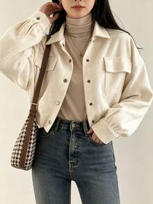 YUXIN Women's Cream Corduroy Shacket Cropped Collared Button Up Chest Pockets Oversized Long Sleeve Retro Casual Jacket For Fall Winter Layering - Apricot - View 3