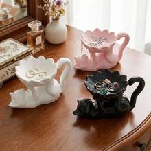 Minimalist Cat & Lotus Jewelry Tray, Living Room Desktop Organizer Home Decor, Small Item Storage, Multi-Functional Desktop Decoration, Suitable For Jewelry, Keys, Storage, Home Decor, Commemorative Gift, Birthday Gift - Multicolor - View 4
