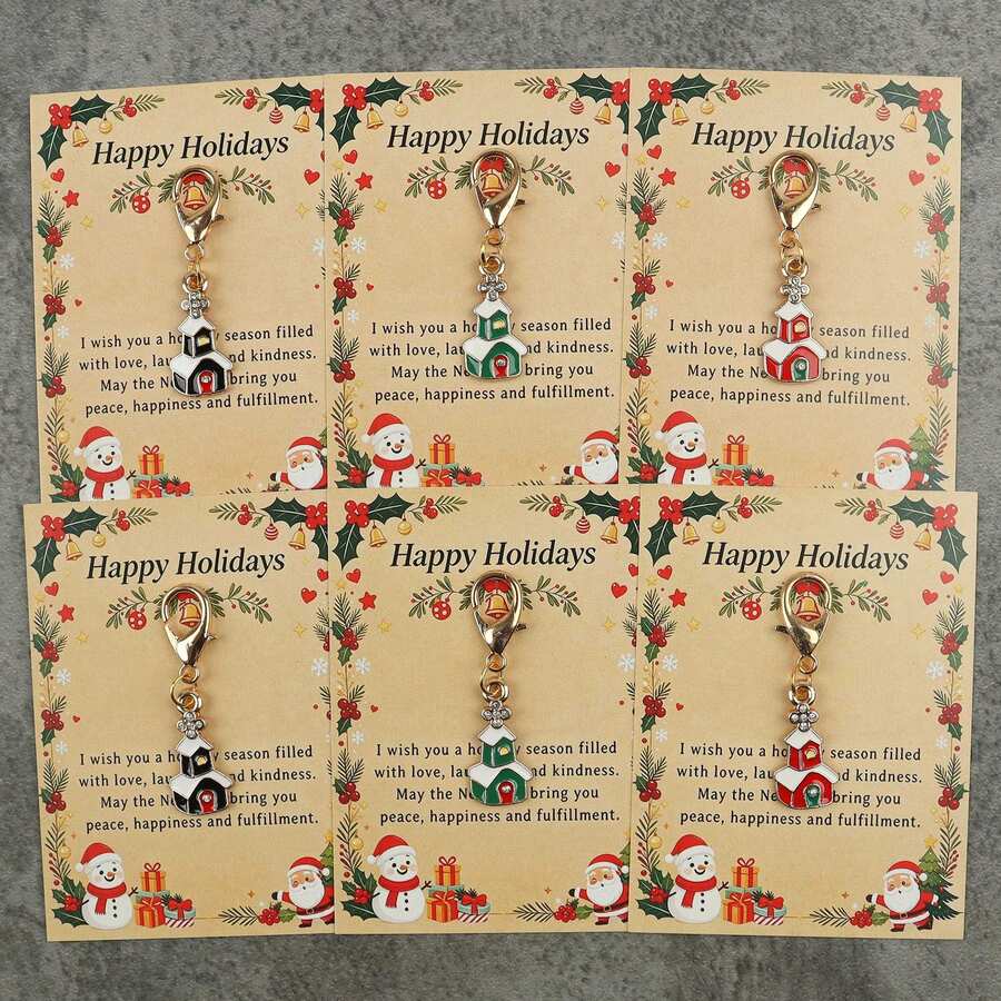 3pcs/6pcs Christmas House Enamel Keychain Charms, Church Cottage Pendant With Happy Holidays Greeting Card, Lobster Clasp Holiday Gift - Multicolor - View 1