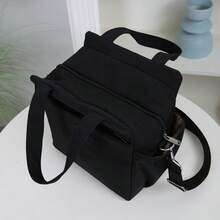 DLIU New, Large Capacity, Solid Color, Lunch Bag With Shoulder Strap And Hand Carry, Lunch Box Storage Bag, Suitable For Office Lunch, Outdoor Picnic, Daily Use, Fabric Exterior, Aluminum Foil Interior, Fully Zipped Closure, Front Zipper Pocket, Side Pockets - Black - View 4