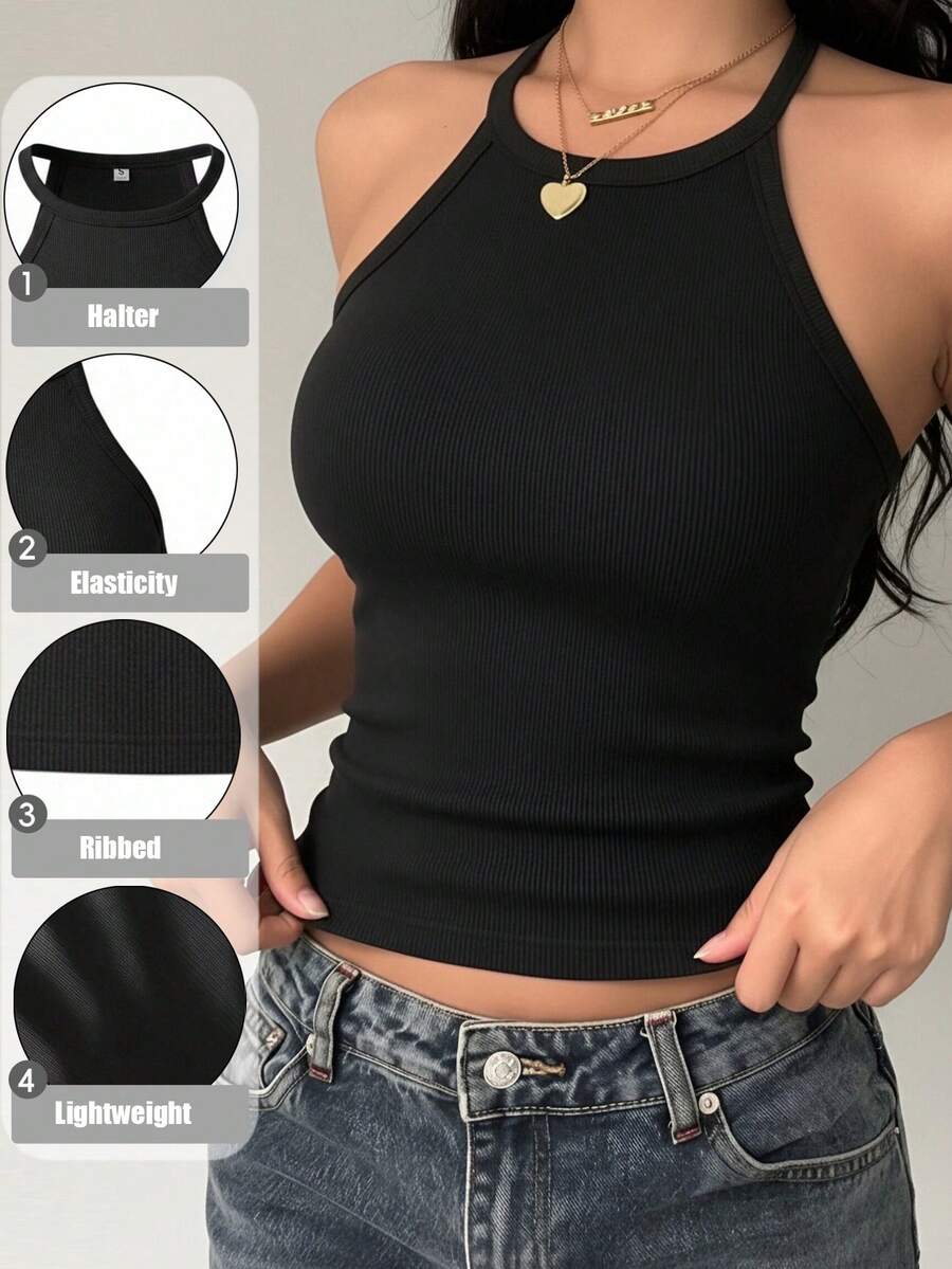 1pc Women's Ribbed Knit Spaghetti Strap Tank Top, Slim Fit Solid Color Basic Sleeveless Camisole - Black - View 1