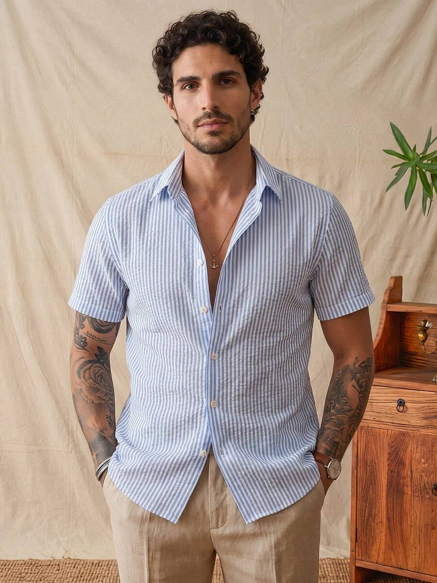 glestore Men's Vintage-Style Casual Short-Sleeve Shirt Made From Lightweight Polyester Fabric. Suitable For All Seasons And Easy To Pair With Any Outfit. - Blue and White - View 1