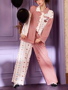 Gongdie 2 Pieces Disney Mickey Women's Pajama Set,Spring Fall Red Gingham Soft Cotton Loungewear With Pocket - Red - View 10