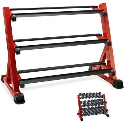 Dumbbell Rack 3 Tier Weight Storage Stand Holder, Heavy Duty Freestanding Steel Organizer Frame For Home Gym And Workout Studio, Quick Assembly Fitness Gear Station, Red, 1 Piece