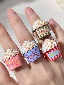 4pcs Cartoon Cute Realistic Colorful Popcorn Bucket Rings, Heart Polka Dot Stripe Elements, Suitable For Wearing During Movies, Friends Party Gatherings, Ideal Gift For Friends. - Multicolor - View 2