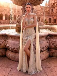 Women's Elegant Charming Romantic Formal Evening Gown, Backless Strapless Beaded Mesh Sequin Slit Cocktail Party Gala Graduation Long Dress - Beige - View 4