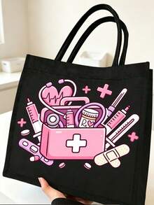 Pink Medical-Themed Linen Button Tote Bag & Makeup Bag Set, Includes Large & Small Wallet, Handbag, Coin Purse, Card Holder; Also Comes With Reusable Burlap Shopping Bag, Portable Travel Beach Bag (Matches Makeup Bag), Portable Book Storage Handbag, Women's Bags, Christmas, Halloween, Teacher's Day Gifts, Suitable For Back To School, Beach Trips, Travel, Vacation And Leisure - Multicolor - View 2
