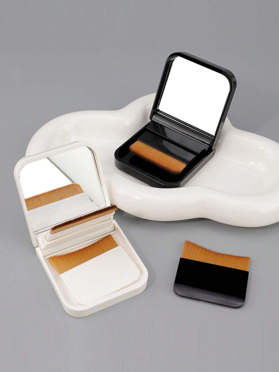 1pc Foundation Brush Set, 2 Pieces Of Flat Angle/Diagonal Ultra-Thin Foundation Brushes, Glasses Case And Mirror, Travel Makeup Brushes, Suitable For Foundation And Concealer. - Multicolor - View 1