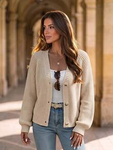 Women's Ribbed Knit Cardigan Sweater, Long Sleeve Button Front Casual Top For Fall Fashion - Khaki - View 3
