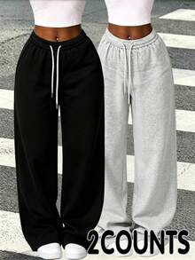 [2pcs]Women's Solid Color High-Waist Wide Leg Sweatpants Tops, High Elastic Waist With Contrast Drawstring, Home Leisure Fall Sports - Multicolor - View 9