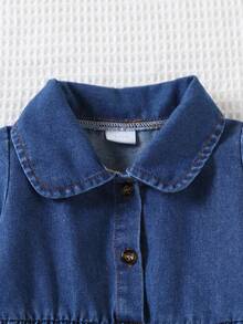 Infant Soft Denim Romper, 1-18 Months Long Sleeve Jumpsuit With Snap Crotch For Easy Diaper Changes, Front Pocket, Casual Outfit - Mint Blue - View 3
