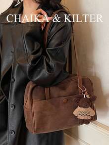 CHAIKA & KILTER 1件裝 素色麂皮布料女款復古時尚啞光單肩保齡球包，對比色絎縫縫線，雙手柄設計，拉鍊開合，適合日常與街頭使用（附吊飾） - 咖啡 - 查看 9