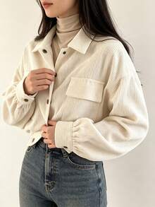 YUXIN Women's Cream Corduroy Shacket Cropped Collared Button Up Chest Pockets Oversized Long Sleeve Retro Casual Jacket For Fall Winter Layering - Apricot - View 10