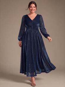 EVERPRETTY Gaun Malam Formal Wanita Ukuran Plus Elegan Musim Gugur Warna Biru Tua dengan Lengan Panjang Berkilau, Leher V, Pinggang Berkerut, Model A-Line, Gaun Tamu - Navy Blue - View 1