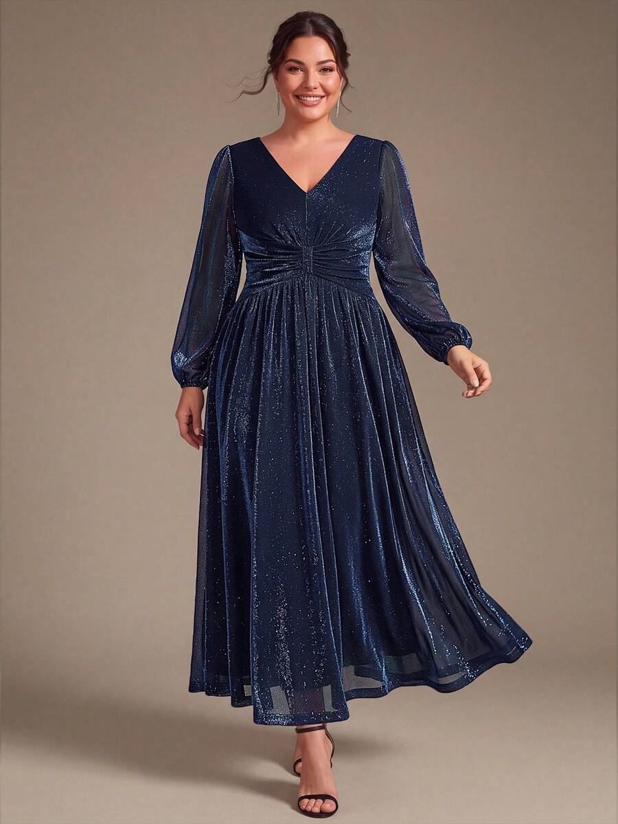 EVERPRETTY Gaun Malam Formal Wanita Ukuran Plus Elegan Musim Gugur Warna Biru Tua dengan Lengan Panjang Berkilau, Leher V, Pinggang Berkerut, Model A-Line, Gaun Tamu - Navy Blue - View 1
