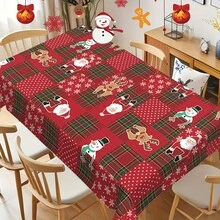 1pc Christmas Theme Printed Family Party Tablecloth, Red & Green Plaid And Polka Dot Pattern, "Christmas Decoration" Machine Washable Tablecloth, Rectangular Home Tablecloth, Printed With Santa Claus, Reindeer, Snowman, Kitchen Dining Table Decor - A - View 3