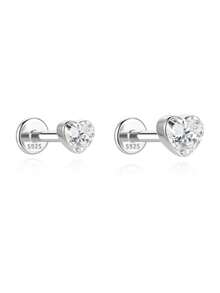 1pc 925 Sterling Silver Heart-Shaped Moissanite Threaded Flat Back Piercing Stud Earring, Suitable For Cartilage, Helix, Tragus Piercing, Valentine's Day Wedding Stackable Jewelry - Silver - View 5
