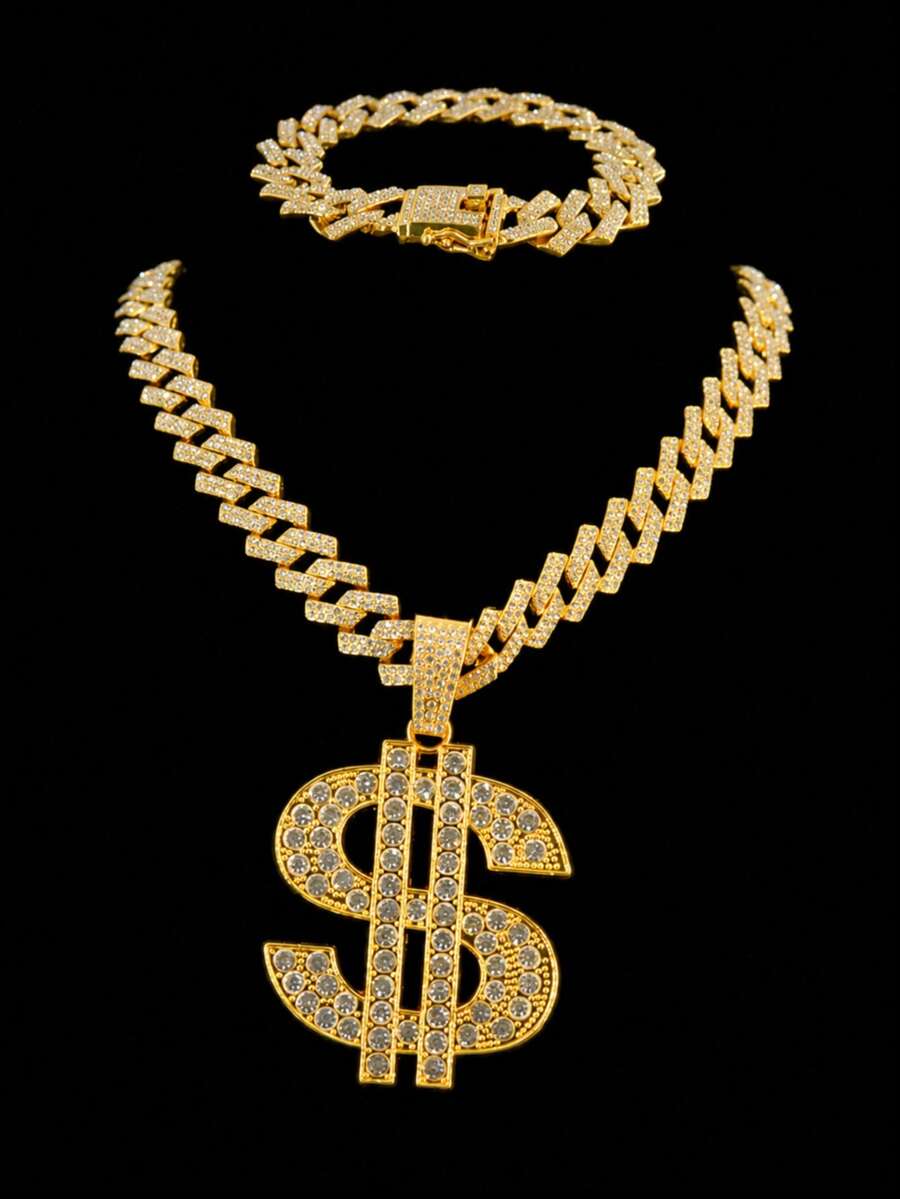 Hip Hop Full Rhinestone Dollar Sign Pendant Necklace & Bracelet Set, Men's Cool Iced Out Cuban Chain Street Style Personalized Accessory, Holiday Gift - Dollar Sign Necklace Set - View 1