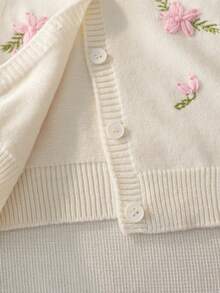 Girls' Elegant Solid Color Embroidered Round Neck Raglan Sleeve Knit Cardigan, Suitable For Daily Casual Wear And Vacation, Spring, Autumn, Winter - Apricot - View 8
