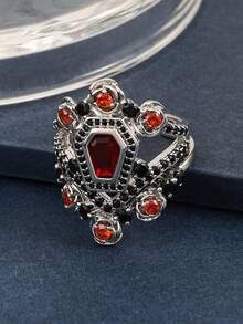 2pcs Gothic Fashion Red Cubic Zirconia Rose Shaped Rings, Gothic Style Combined With Dark Elements Ring Set, Unisex Suitable For Halloween, Easter And Matching With Gothic Style Clothing - Silver - View 4