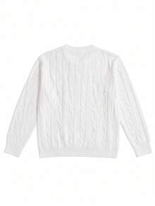 1 buah Sweater Rajut Tebal Leher Bulat untuk Anak Perempuan, Lengan Panjang Longgar Model Lentera, Manset Bergaris, Gaya Serbaguna yang Lembut dan Cocok untuk Semua Pakaian - Putih - View 4
