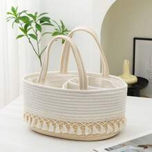 Letter Design Removable Lining Rope Woven Baby Storage Basket With Compartments, Diaper Caddy Organizer Dry Wet Separation For Nursery Bedroom Closet Organization - Multicolor - View 19