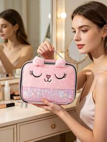 1pc Plush Cute Girl Style Makeup Bag, 3D Cat Ear Design With Cat Pattern, Suitable For Spring Summer Autumn Winter All Seasons, Ideal For Business Travel, Home Use, Student Dorm, Graduation Gift, Vacation Season, Cosmetic Storage, Birthday Gift And Various Holiday Gifts - Multicolor - View 4