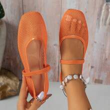 Square Toe Mesh Hollow Out Elastic Strap Mary Jane Flat Breathable Thin Ballet Style Shoes - Orange - View 11