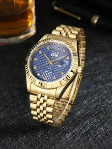 RICECGO A Men's Business Watch With A Checkered Dial And Dual Date Windows, Suitable For Everyday And Business Wear, Exuding A Sophisticated, Elegant Vibe. - Gold - View 7