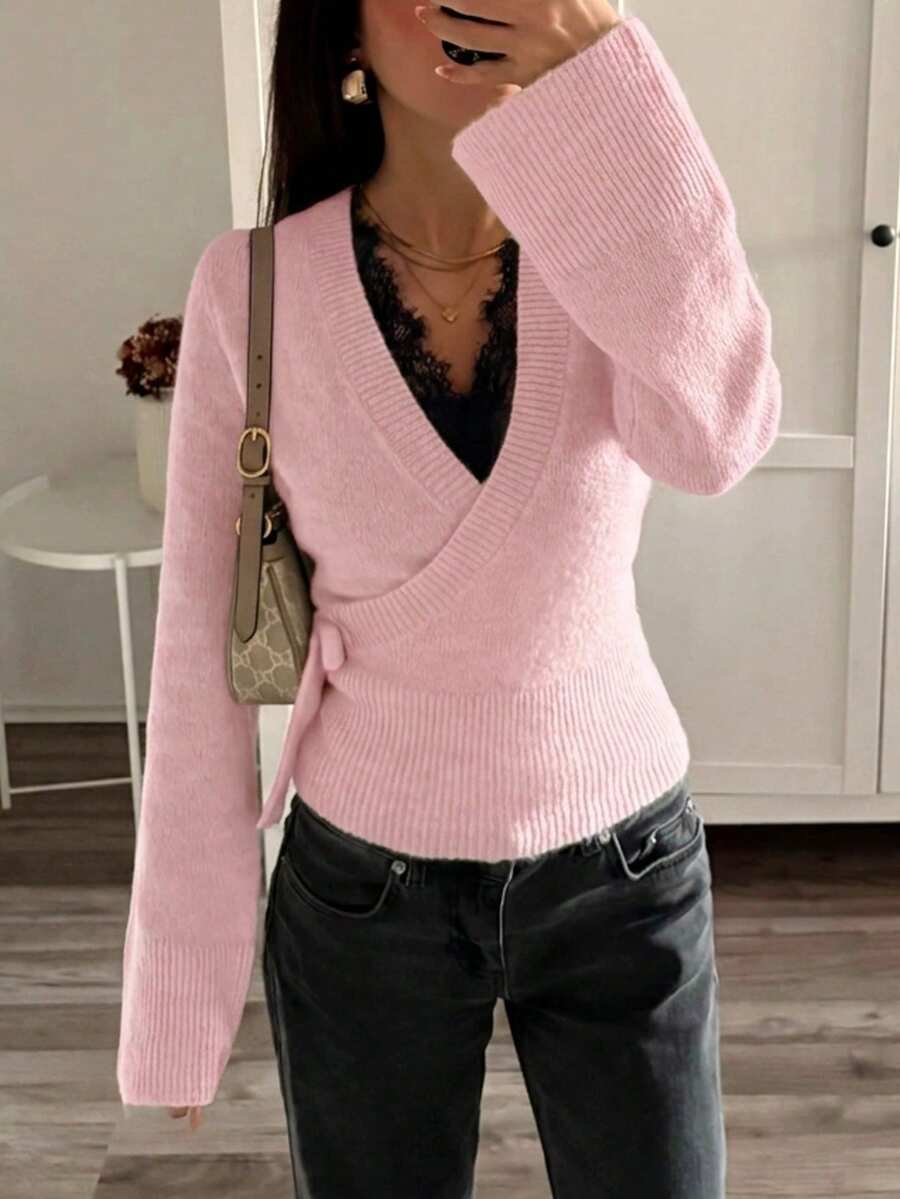 Women's Solid Color V-Neck Casual Versatile Daily Long Sleeve Sweater - Pink - View 1