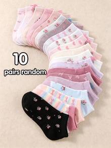 1/5/10/20 Pairs Random Cute Floral Bow Print Ankle Socks, Halloween Fall Clothes For Little Girls Sweet Pastel Color Daily Wear Socks For Girls - Multicolor - View 11