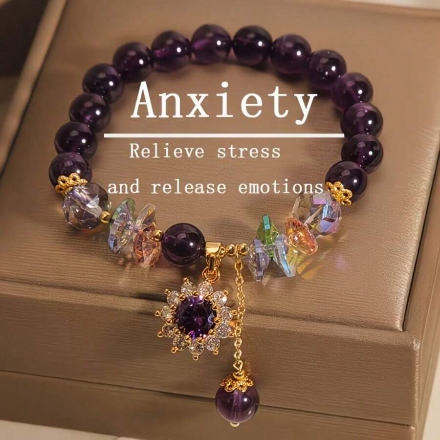 Healing Crystal/Purple Natural Bracelet With Sunflower Decoration - Purple And Gold Toned Fashion Jewelry - Multicolor - View 1