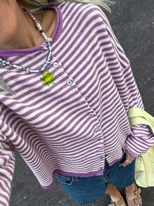大尺碼女款條紋針織開襟衫，前扣鈕扣，長袖標準版型，適合春秋穿著，打造學院風 - 紫色 - 查看 4